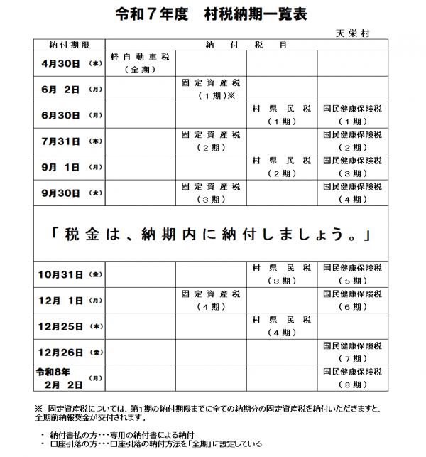 令和7年度納期一覧